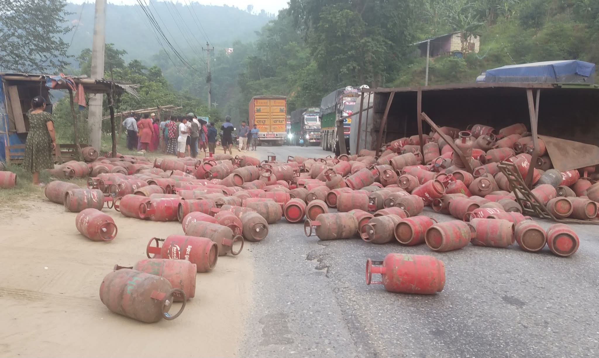 गजुरीको चाम्बासमा ग्यास ट्रक दुर्घटना, चालक घाइते
